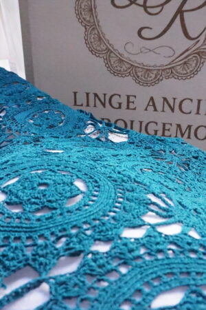 Couvre‑lit ancien en crochet, teint émeraude – 200×210, franges Années 1930–1950