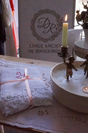 5 serviettes de bain anciennes – broderie Y, bordures à franges (60×75) milieu XXᵉ siècle